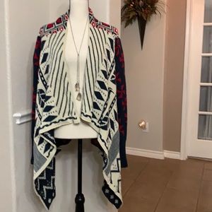Verty red, navy & cream Aztec waterfall draped open cardigan sweater Size S/M